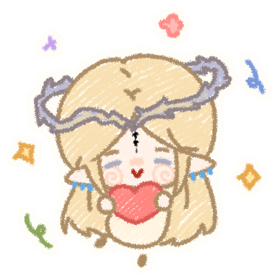 A hand-drawn crayon portrait of Eltavine holding a red heart